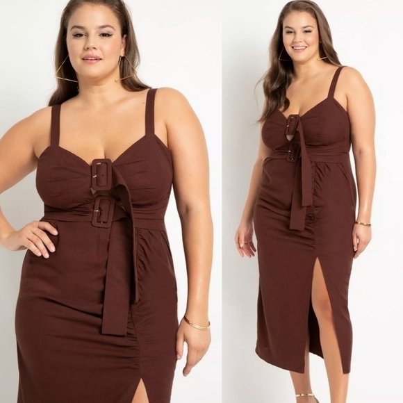 NWT ELOQUII LINEN MIDI DRESS IN CAPPUCCINO - Picture 2 of 7